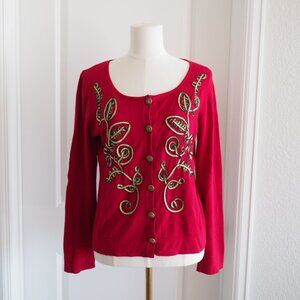 Vintage Grannycore Y2K Christmas Red Gold Detail Sweater Once Again Sz Medium